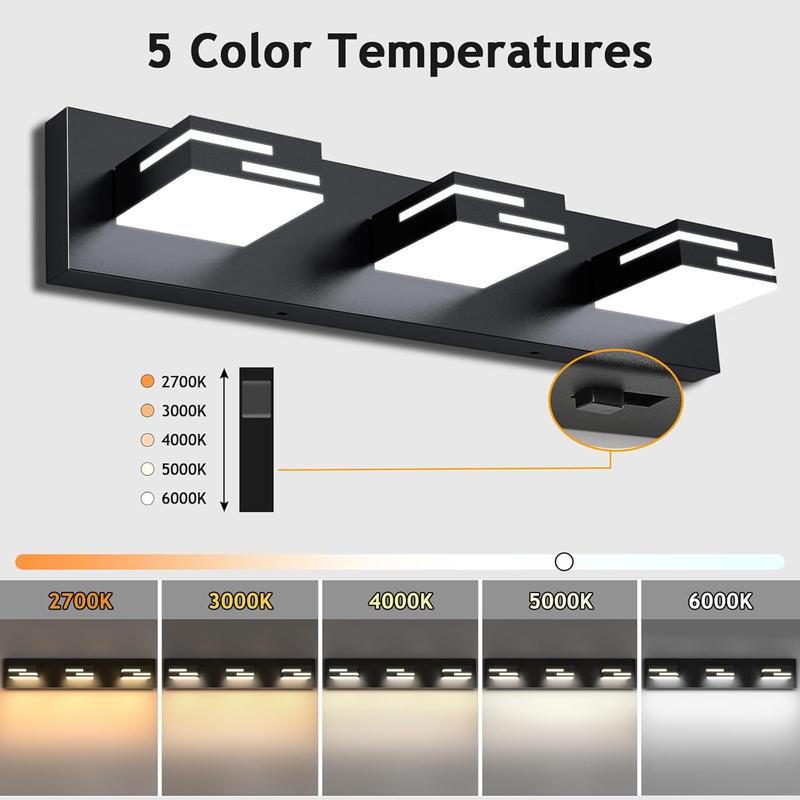LED Modern Bathroom Vanity Light Fixtures 3-Light 5CCT Dimmable Matte Black Vanity Lights for Bathroom Lighting Fixtures Over Mirror, with 350? Rotatable  Heads, 22-inch