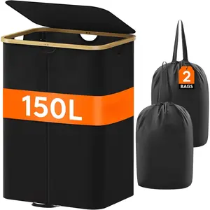 150L Double Laundry Hamper with Lid, Large Dual Laundry Basket Removable Bags, 2 Sections Aesthetic Clothes Hampers for Laundry with Bamboo Handles for Bedroom Bathroom Dorm, Black