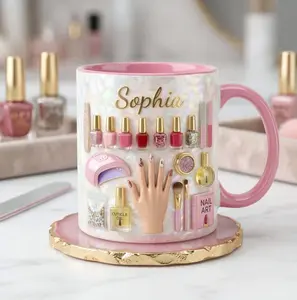 Nail Tech Accent Mug 2D Printed 3D Effect Coffee Cup, Custom Name Ceramic Mug for New Nail Salon Owner Nail Artist, Cosmetology Graduation Keepsake, Nail Technician Gift Idea for Her Women Friends Business Opening Present
