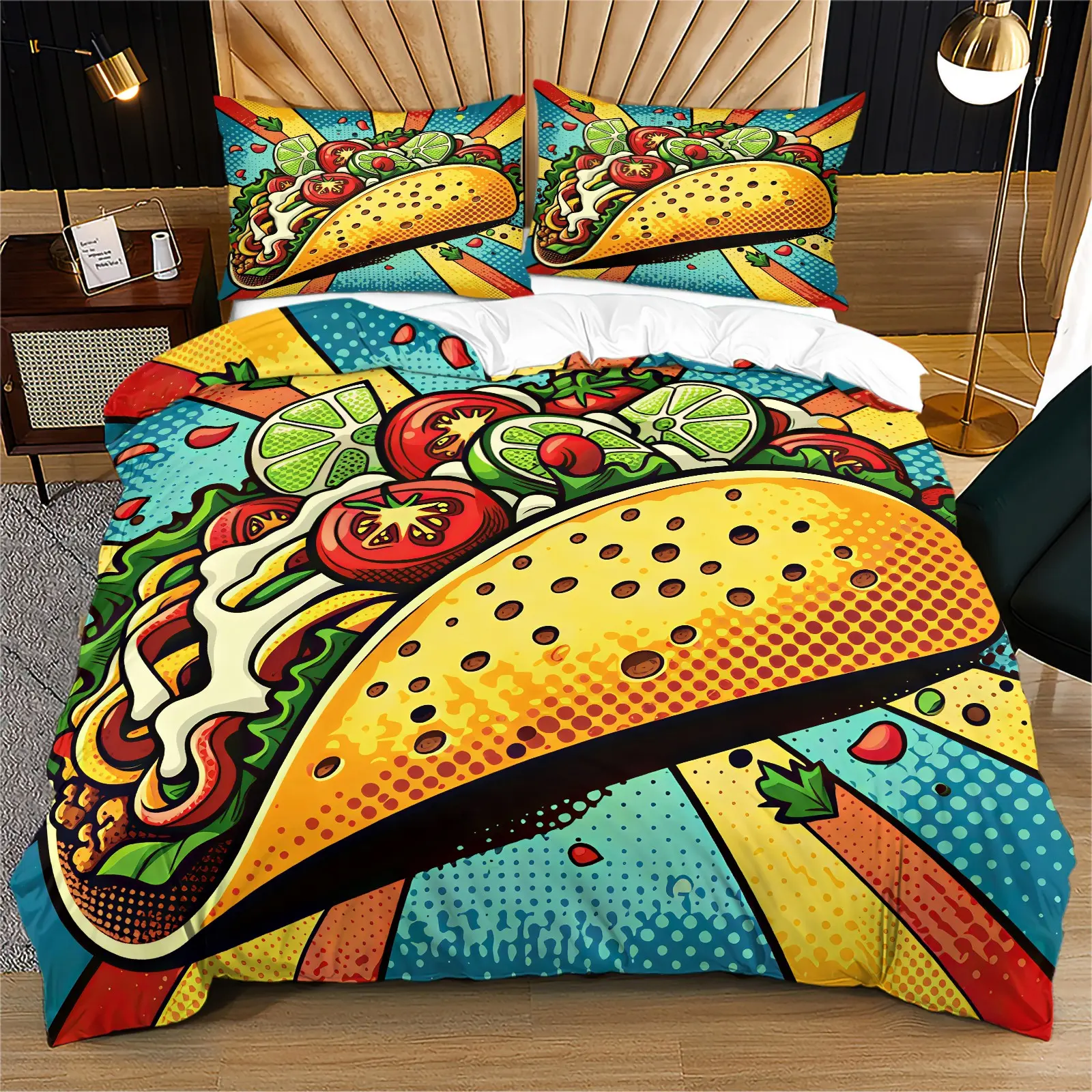Pop Art Mexican Burrito Duvet Cover Set, Retro Comic Food Design with 1 Duvet Cover and 1/2 Pillowcase, Fun Colorful Bedroom Decor