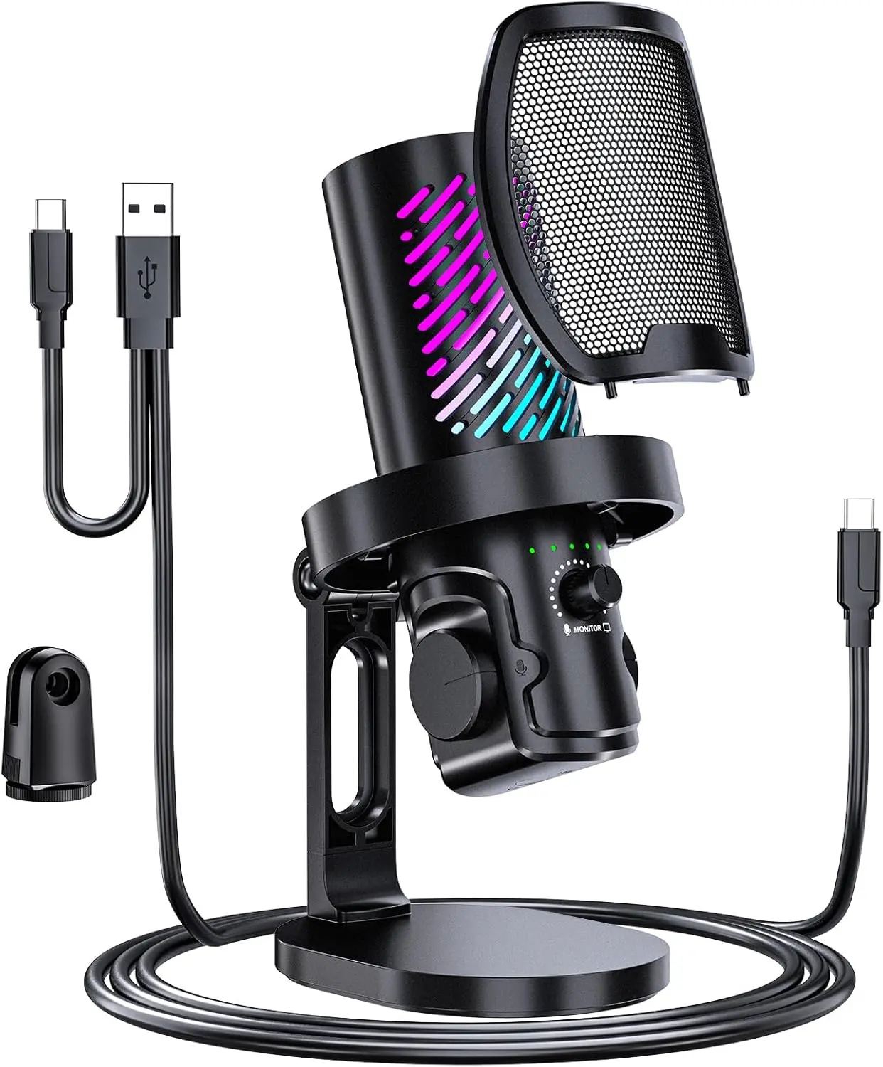 tenlamp RGB Wired USB Gaming Microphone - Cardioid Condenser Mic with Noise Cancellation, Touch Mute, Headphone Monitoring, Gain Control, Plug & Play for PC, Mobile, Mac Audio Streaming & Podcasts