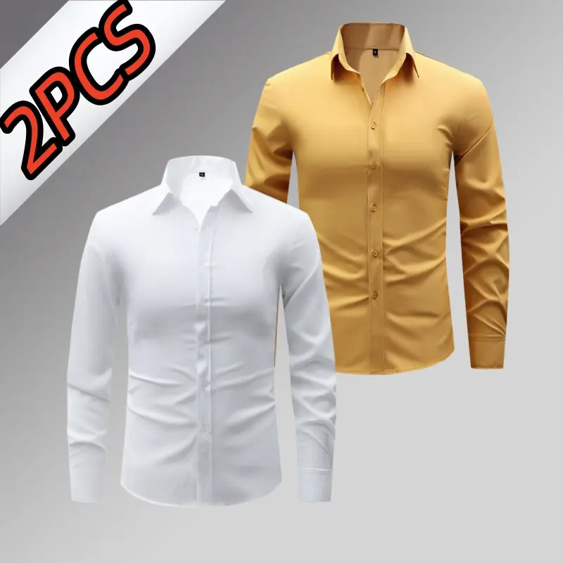 Men's 2-Pack Formal Business Long-Sleeve Shirts, Menswear Top, Ice Silk High-Stretch Wrinkle-Free Fabric, Slim Non-Cling Fit, Minimalist Chic Full-Sleeve Shirt for Office Commuting, Interviews