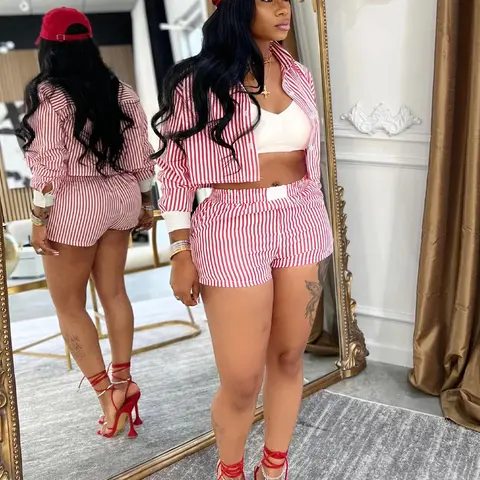 Women's Striped Long Sleeve Crop Top & Shorts Set, Womenswear, Casual Fitted for Spring & Fall, Commuter Fashion Style, Casual Chic Set, Striped Loungewear Set