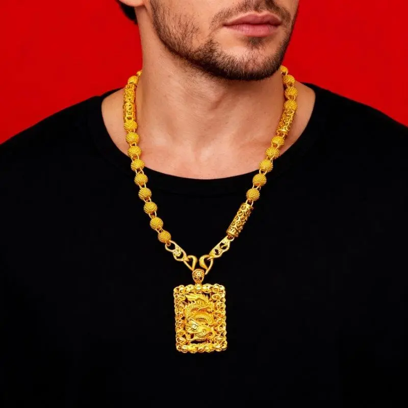 24K Gold Plated Copper Dragon Necklace for Men  Bold Symbolic Animal Charm Chain Stylish Jewelry for Daily Wear & Unique Gift for Festive Occasions