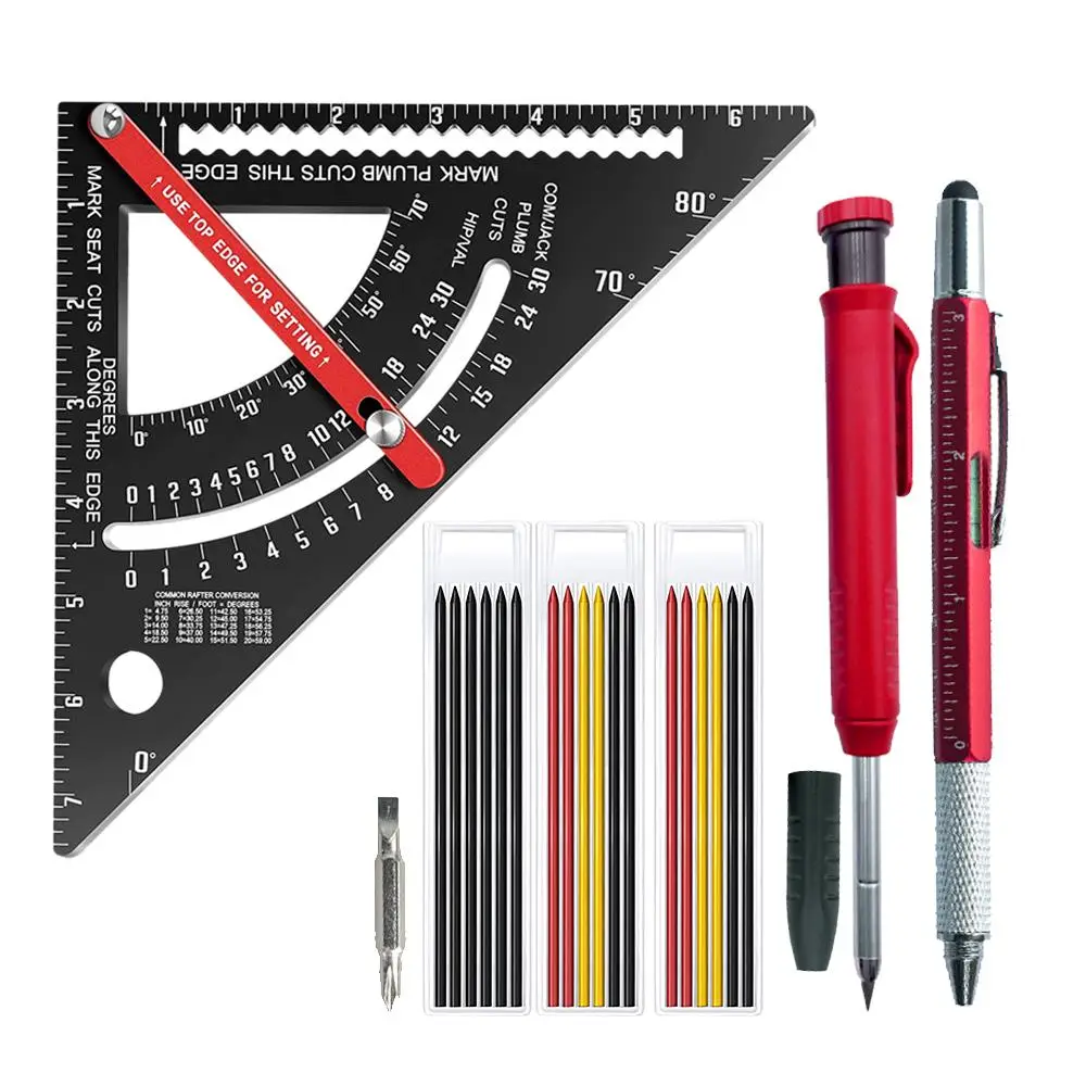 Adjustable Triangle Ruler Set, Aluminum Alloy Triangle Ruler with Marker Pen & Refills & Storage Box, Professional Hand Measuring Tool for Woodworking