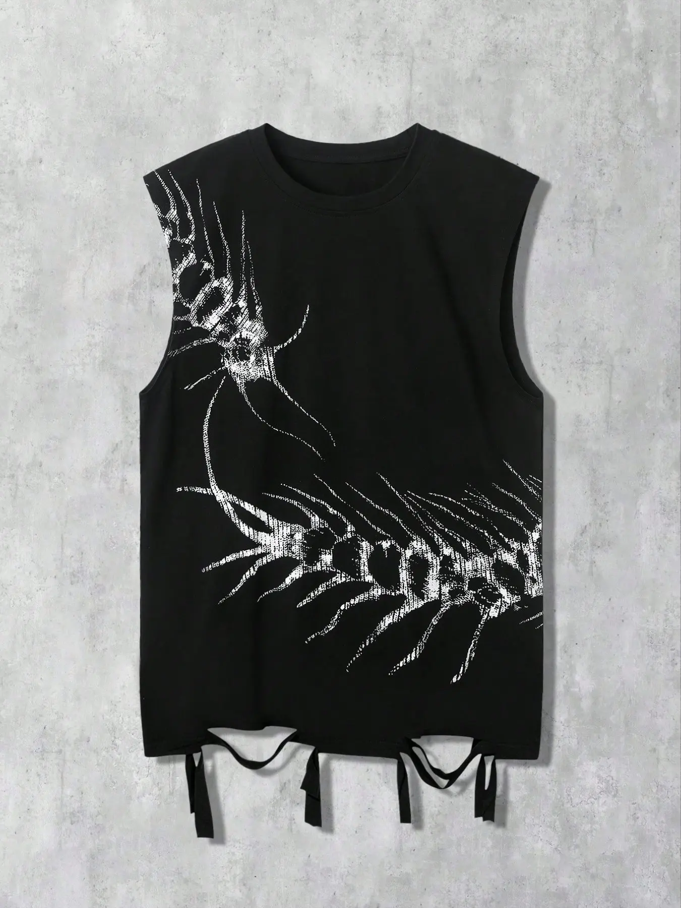 Unisex Dark Grunge Sleeveless Shirt Tank Vest With Skeleton Centipede Graphic, Men's Streetwear Fashion Cutoff Tank Top With Tassel Hem For Summer Casual Wear