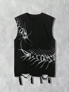 Unisex Dark Grunge Sleeveless Shirt With Skeleton Centipede Graphic, Men's Streetwear Cutoff Tank Top With Tassel Hem For Summer Casual Wear