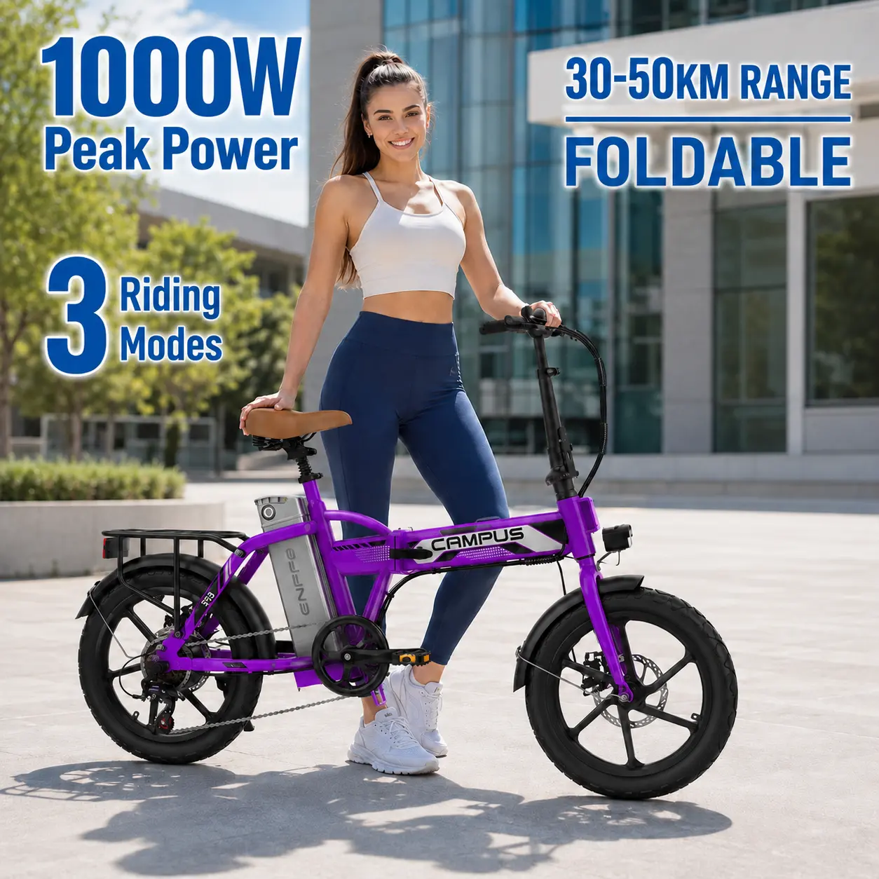 Adult Folding Commuter Electric Bike - 1000W Motor, 20 MPH, Removable Battery, 16”x2.5” Tires, 7-Speed, Dual Disc Brakes, Front Suspension, LCD Display