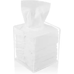 Acrylic Tissue Box Holder, Square Dispenser for Facial Tissues, Napkins, and Dryer Sheets. Perfect for Bathrooms, Desks, Countertops, Vanities, Bedrooms, and Nightstands (Square, Clear)