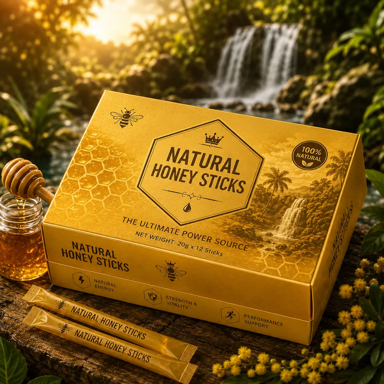 Pure Organic Honey Sticks with Jelly & Bee Pollen, 12 x 20g Single-Serve Packets for Daily Energy & Wellness