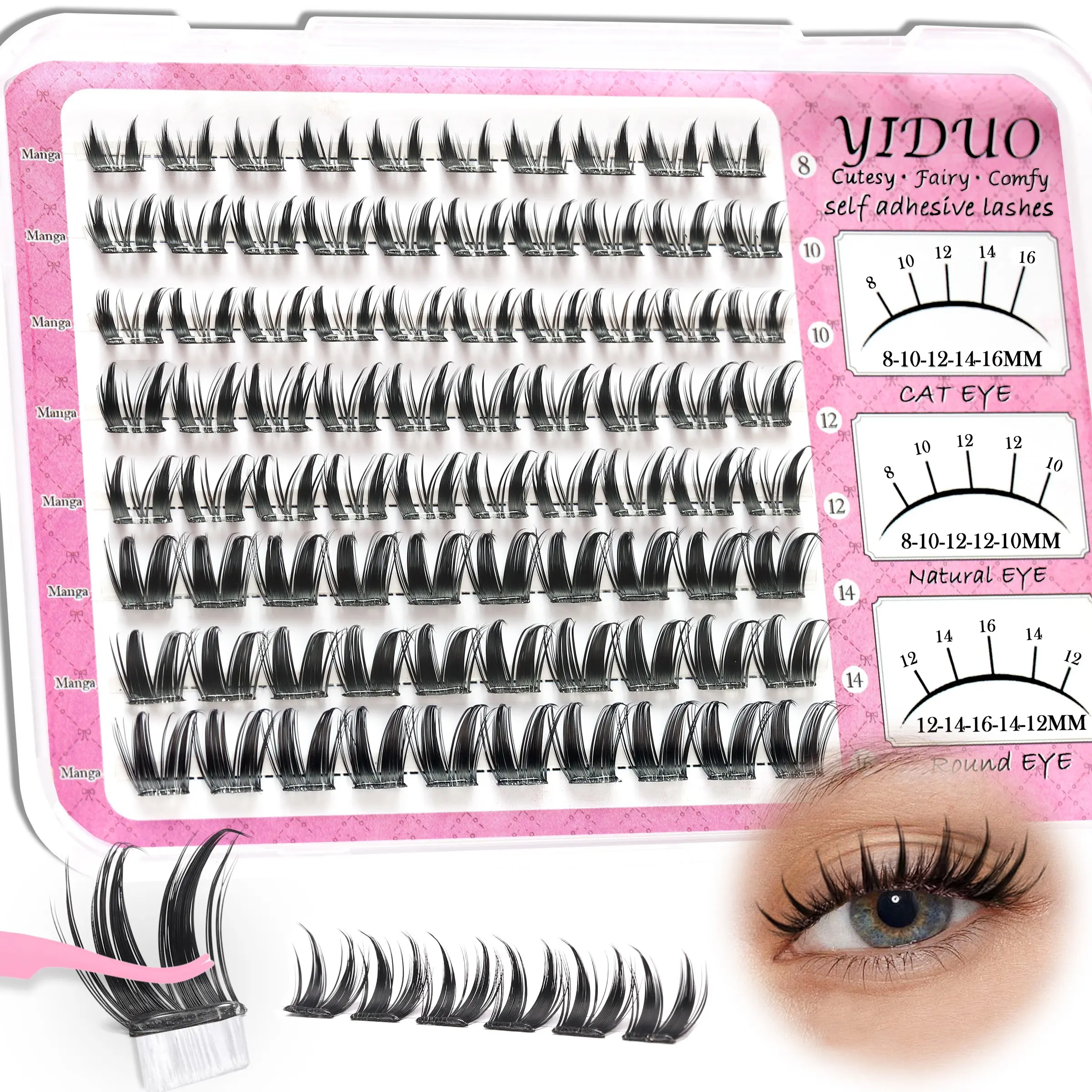 YIDUO Self-adhesive false eyelash clusters, Spiky false eyelashes, Manga Spiky style Glue-free Eyelash extensions Lashes Clusters D-curl 8-16mm Pre-glued false lash clusters Individual false lashes