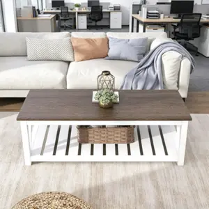 Farmhouse Style Coffee Table, Rustic Vintage Living Room Table with Storage Shelf, 40 Inch, White