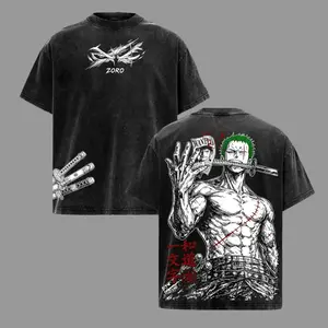 Roronoa Zoro One Piece Anime Three Sword Style Pirate Hunter Vintage Washed Oversized Graphic Tee Katana Warrior Streetwear Shirt Menswear Man Tshirt Tropical Crewneck Bestie Bestie Menswear Top Man Short Sleeve Shoe