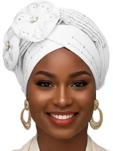 Beanie Cap Head Wrap Black Rhinestones Head Scarf Flower Pearls Twisted Head Turban for Women Girls