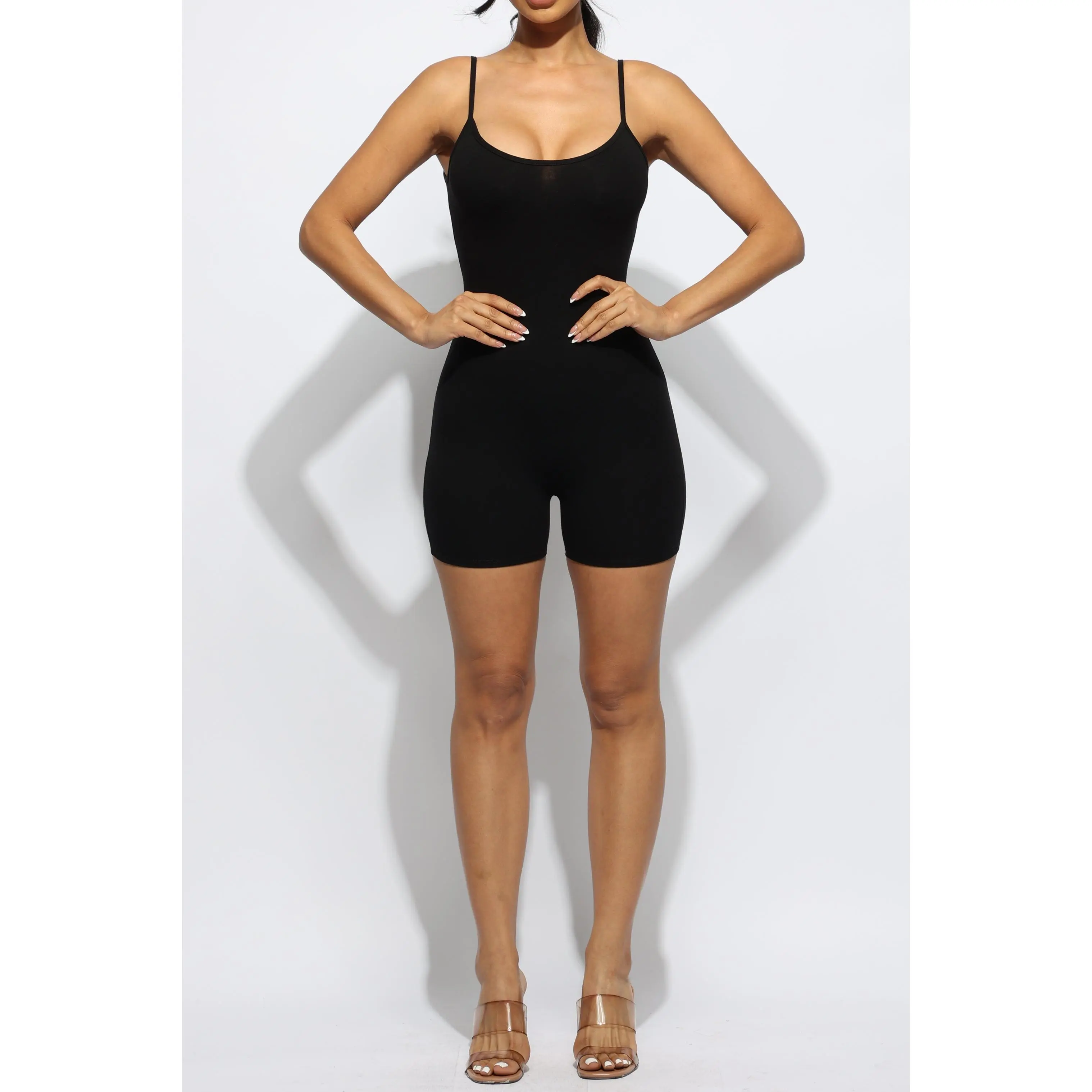 Plus Size Sleeveless Bodycon Romper 5" - Skinny Fit, Hug Curves, Adjustable Strap, Stretchy, Opaque, Squat Proof Workout Gym