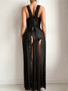 Sexy Women's Nightgown Set, Lace Trim Spliced Mesh Sleeveless Dress with Back Slit & Big Bow, 2-Piece Lingerie Outfit Matching Thong, Perfect for Private Party, Masquerade and Valentine's Day Gifts clean girl style dressing gown Nightwear