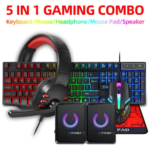 5-in-1 Wired Quiet Keyboard & Mouse Combo - Compact Ergonomic Design, Quiet Input, Colorful Gradient Look, 2.4G Reliable Connection, Low Battery Alert, AAA Batteries, Manufacturer Warranty, for PC Laptop Gamers Offices Gaming Desk Setup