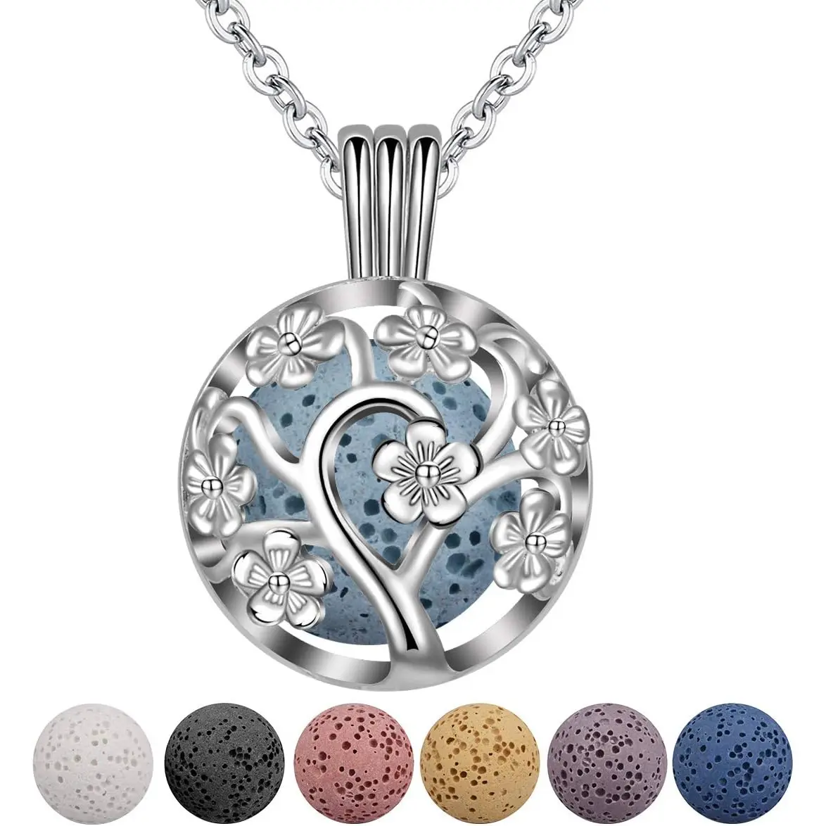 Sakura Tree Aromatherapy Necklace - Essential Oil Diffuser Locket Pendant with 7 Lava Rock Stones and 24" Link Chain for Women's Costume Jewelry