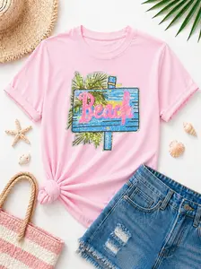 Beach Sign Summer Sequin Patch Tshirt