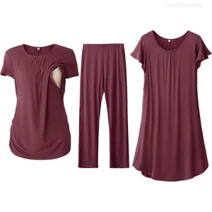 Women 3 PCS Maternity Nursing Nightgown Dress & Short Sleeve Breastfeeding Top & Pregnancy Pants Sleepwear SetFFSummitSupply7