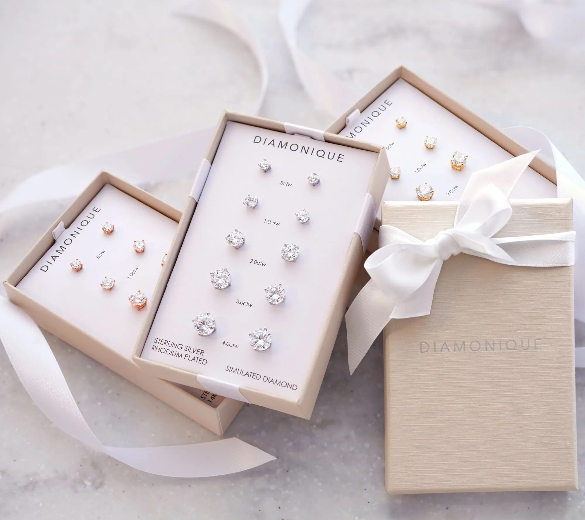 Diamonique Set of 5 Stud Earrings, Sterling or 14K Plated, Box Diamonique Set of 5 Stud Earrings, Sterling or 14K Plated, Box