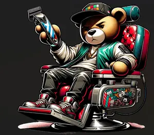 Barber Bear Ready to Press Heat Transfer DTF Transfer Direct to Film for Cotton and Polyester Garments with Firm Press Settings 300-320°F