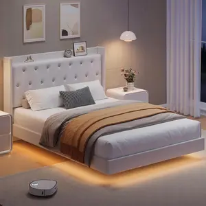 Full Size Bed Frame with LED Lights, Floating Bed with Velvet Upholstered Storage Headboard for Apartment Bedroom, No Box Spring Needed, Noise Free, White