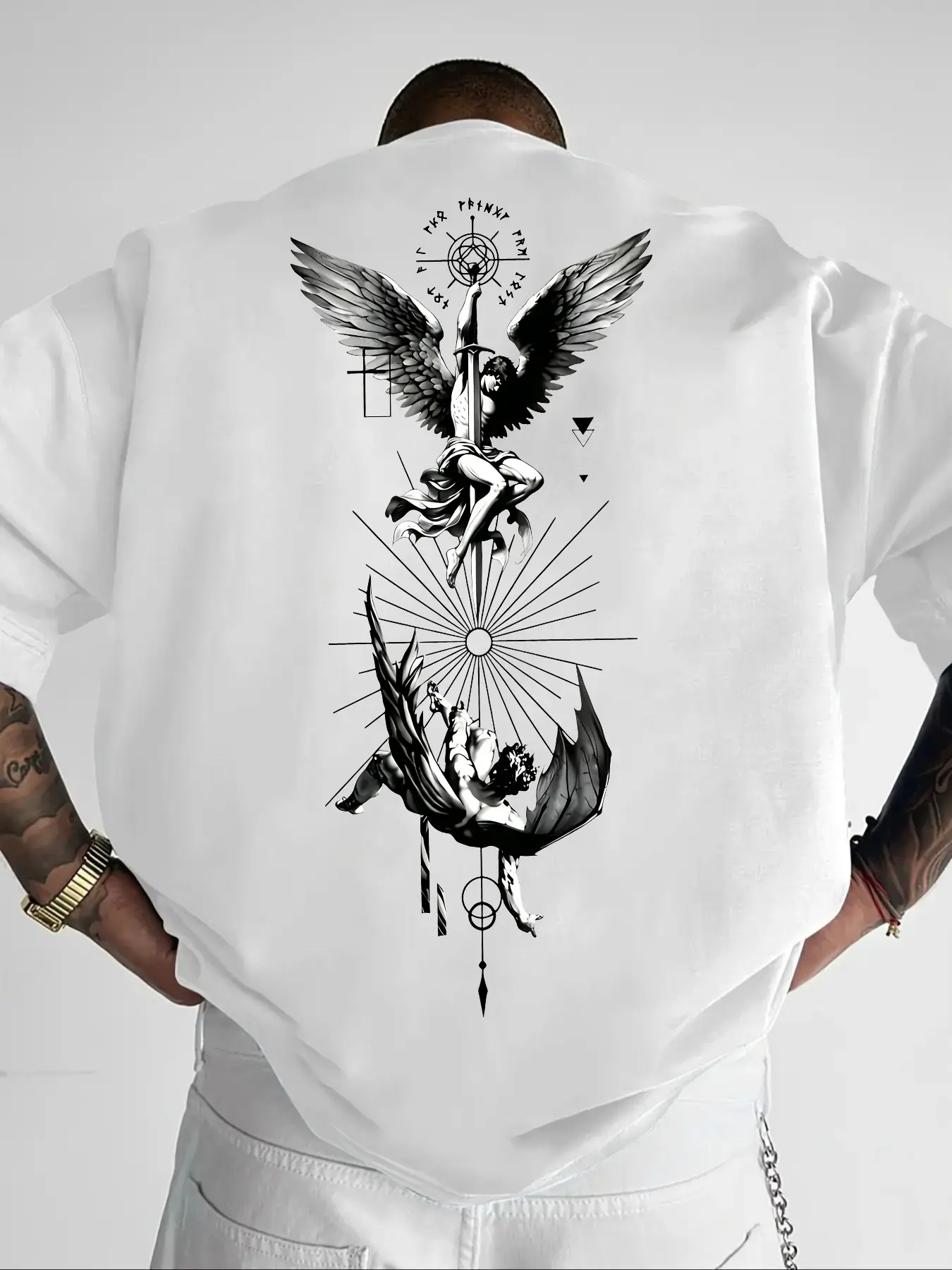 White T-shirt - Short Sleeves, Exquisite Angel and Demon Patterns with Religious & Geometric Decorations, Dark Street Aesthetics, Streetwear, Suitable for Daily Casual Wear, Street Styles, and Eye-catching Black and White Prints, Fitted, Top