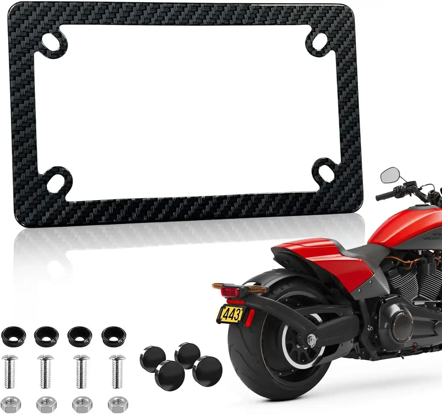 Carbon Fiber Motorcycle License Plate Frame - SXS ATV UTV Scooter Moped Tag Frames, 4 Holes Stainless Steel Rust Proof License Plate Frames for Motorcycle
