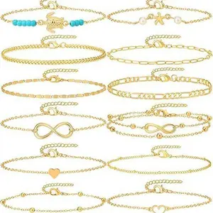12Pcs Summer Beach Anklets for Women Waterproof Gold Silver Chain Ankle Bracelets Cute Women's Foot Anklet Set 7.9-10.5 inch Adjustable