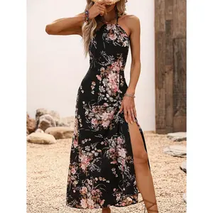 Women's All Over Floral Print Split Thigh Tie Back Cami Dress, Fashion Bohemian Casual Sleeveless Halter Neck Long Dress for Beach Holiday Vacation, Ladies Summer Clothes, Womenswear wendy  tiana  prom  dress sneaky peek dress   built-in shaper dress