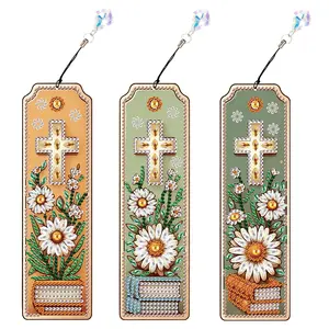 5D Diamond Arts Colorful Painting Bookmark Kit, 3 Counts/set Flower & Cross Pattern DIY Craft Kit, Handmade Craft Bookmark with Crystal Pendant