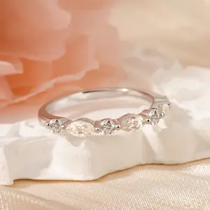 Jeulia Moissanite Engagement Ring for Women 925 Sterling Silver Alternating Round & Marquise Cut Band Eternity Stackable Rings with Jewelry Gift Box