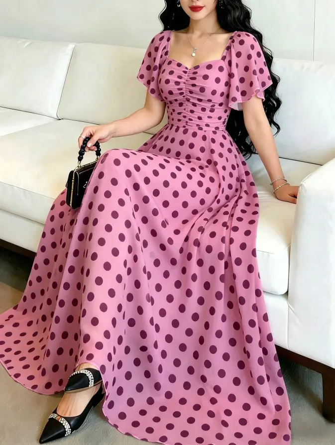 Women's Long Dress, Fashionable Square Neck Pleated Design With Flutter Sleeves, Summer Waist-Cinching Elegant Floral Chiffon Dress, Suitable For Summer Vacation And Daily Wear