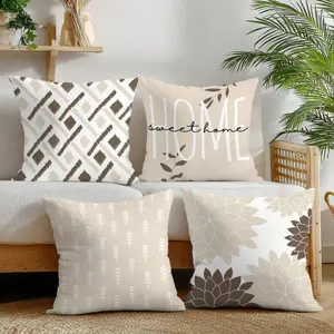 Minimalist Beige Geometric Petal "Sweet Home" Pattern Throw Pillow Cover, Single-Sided Peach Velvet Fabric, Fits 45*45/50*50/40*40CM Cushion, Suitable For Modern Living Room Decor, Gift, Party