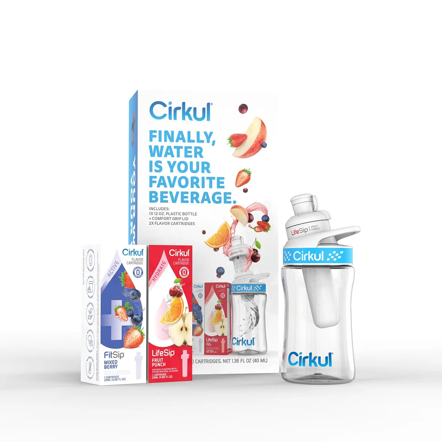 12oz bpafree plastic water bottle starter kit with blue lid 2 flavor cartridges 1 lifesip fruit punch and 1 fitsip mixed berry zero calories and no sugar