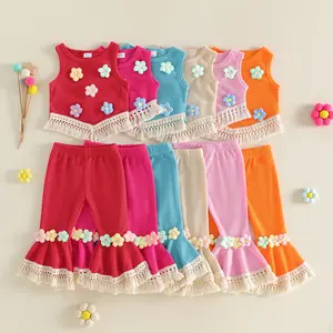 Canrulo Toddler Baby Girls Clothes 3D Crochet Floral Waffle Tassel Knit Vest Tops Bell Bottoms Pants Girl Summer Outfits Set
