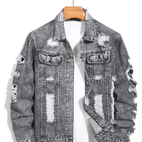 Men's Distressed Ripped Denim Jacket, Denim Jean Jacket, Comfy Longsleeves Outerwear for Daily Wear, Men's Clothing for All Seasons, Cotton Menswear, Casual Style Outerwear, Trendy Outerwear, Vintage Street Wear