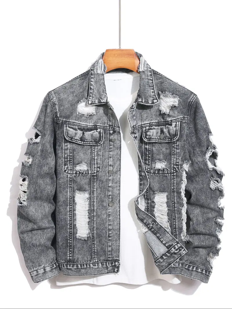 Men's Distressed Ripped Denim Jacket, Denim Jean Jacket, Fashion Comfy Longsleeves Outerwear for Daily Wear, Men's Clothing for All Seasons, Cotton Menswear, Casual Style Outerwear, Casual Fall Jacket, Casual Jacket Coat, Clothe, Vintage Street Wear