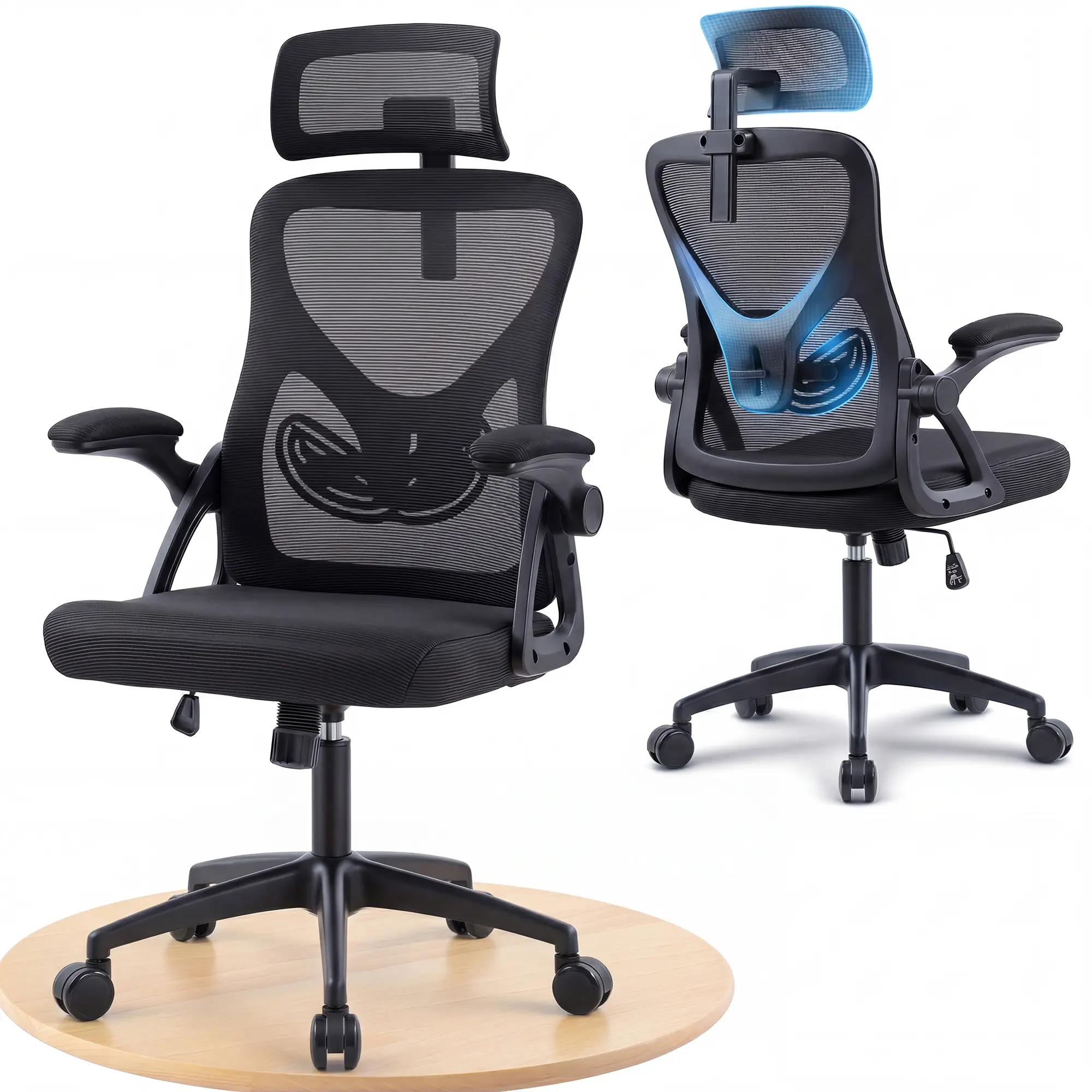 Ergoreal Ergonomic Office Chair with Adjustable Headrest, Lumbar Support and Flip-Up Armrests, High-Back Mesh Computer Desk Chair with Rocking Function, Black
