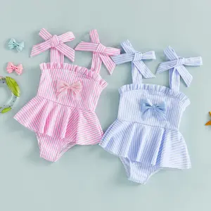 Infant Toddler Baby Girl Swimsuit Cute Bow Stripes Print Sleeveless Tie Shoulder Bathing Suit Baby  Swimwear