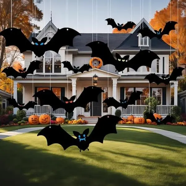 12 Pcs Hanging Plastic Bats Halloween Decorations - 3 Different Sizes with Glow-in-the-Dark Eye Stickers & Fishing String, Indoor/Outdoor Home Garden Yard Porch Decor