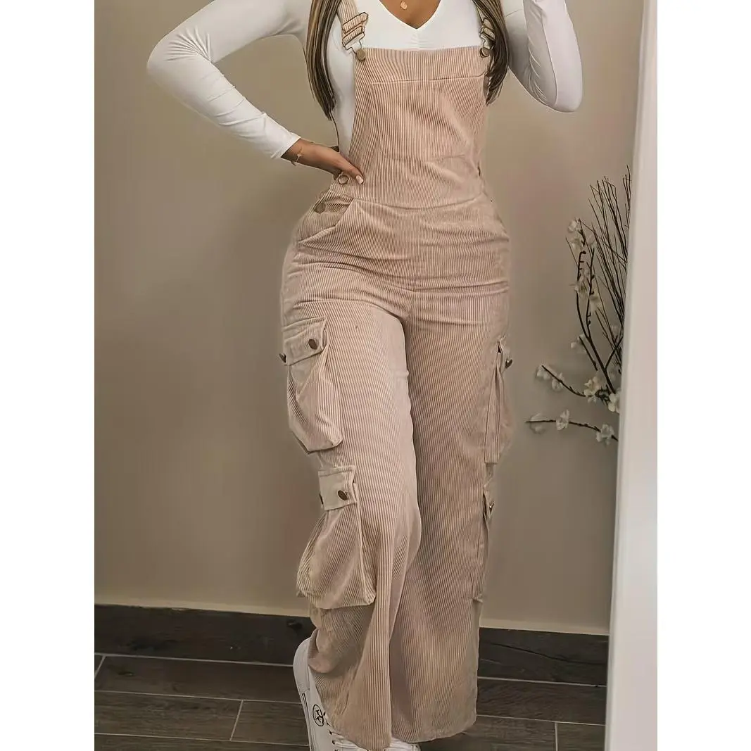 Women's Vintage Corduroy Polyester Cargo Overalls Jumpsuit - Straight-Leg Cut, Multiple Pockets, Full-Length, Retro Vibe, Machine Washable, Basic Style with Modern Polish for Casual Wear