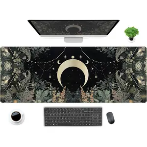 Cute Green Forest leaves Desk Mat Whimsical Moon Mousepad XL Large Extended Gaming Mouse Pad with Stitched Edges, Computer Laptop Keyboard Mouse Mat Desk Pad 24x14 in Non-Slip Rubber Base