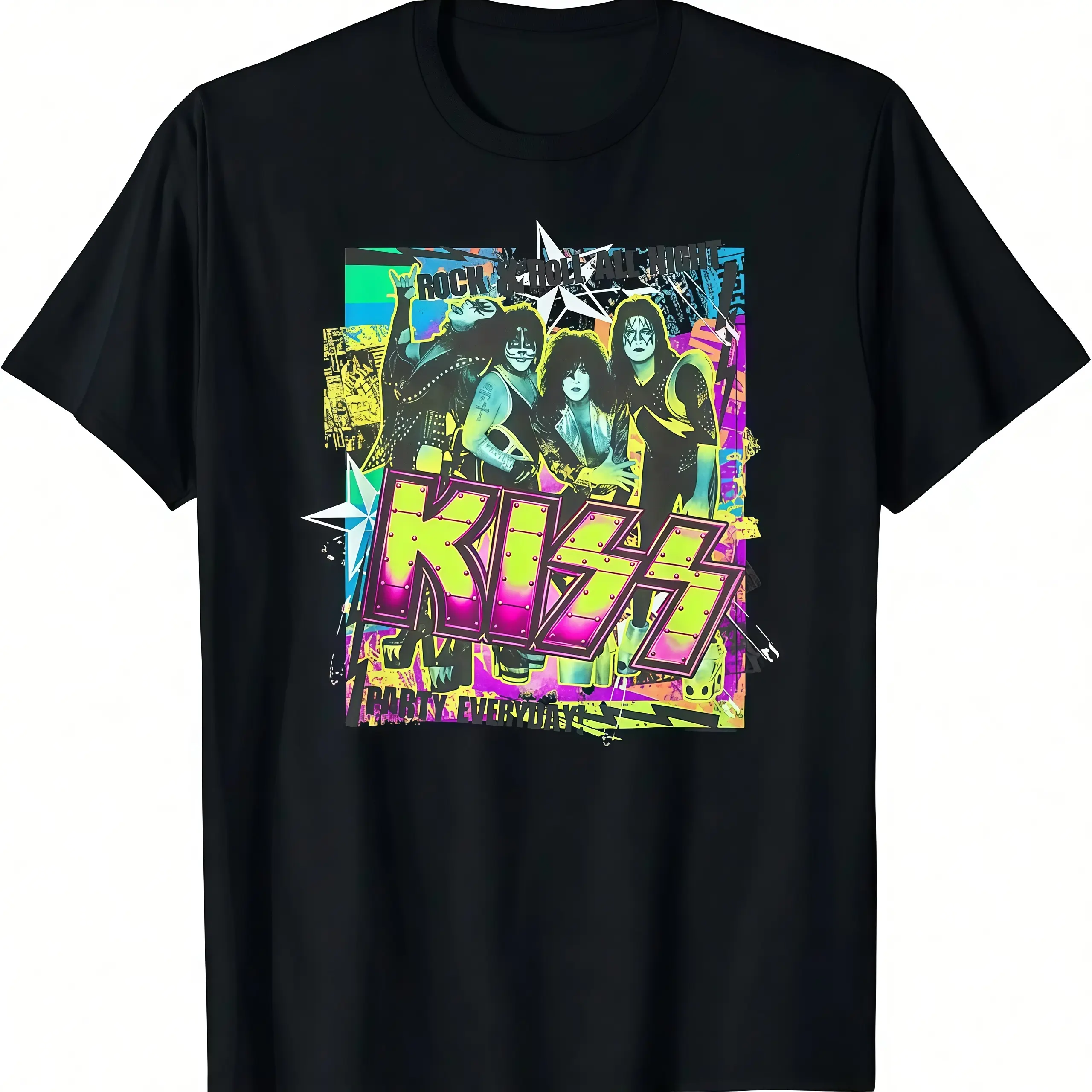 Women's Soft Minimalist Casual Vintage KISS 4 Rock Band Graphic T-Shirt, Comfy Black Crew Neck Short-Sleeve Plain Cotton Classic Fit Top (Unisex Loungewear Option)