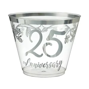 9 oz. 25th Anniversary Disposable Plastic Cups with Metallic Silver Rim - 30 Ct.