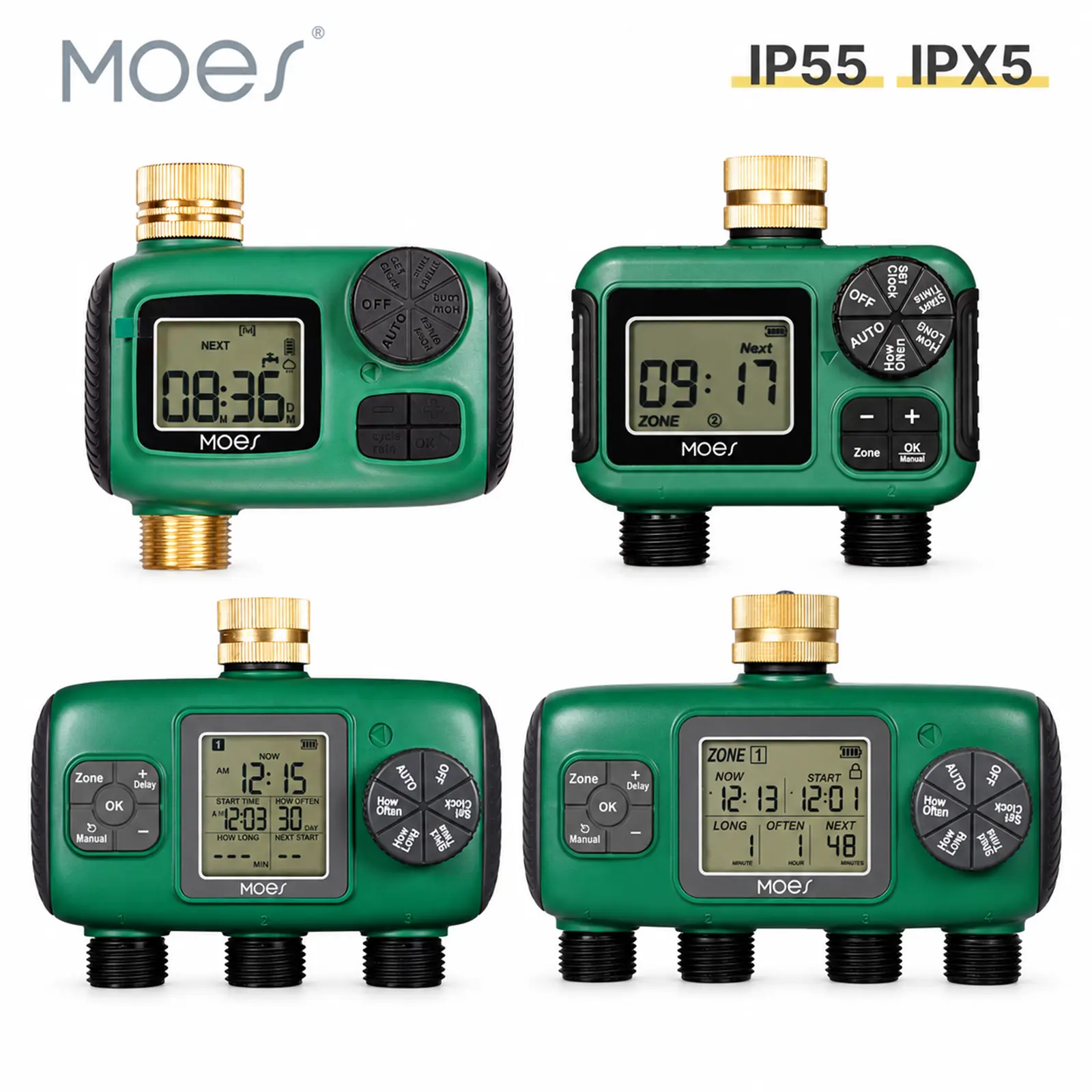 MOES 1/2/3/4 Outlet Water Timer, Easy Dial + Large LCD, Waterproof (IPX5/IP55) + Weather-Ready, Child Lock, Leak-Proof Design, True Battery Operation, No WiFi Needed, 4 Types Are Available