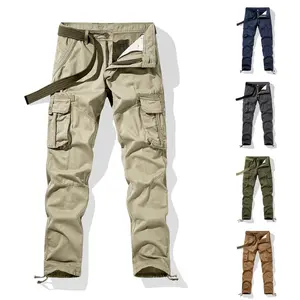 Men’s Multi-Pocket Cargo Straight Pants with Belt, Wear-Resistant, Breathable, Comfortable, Tapered Fit, Plain Beige, All Seasons for Outdoor Leisure, Everyday Wear