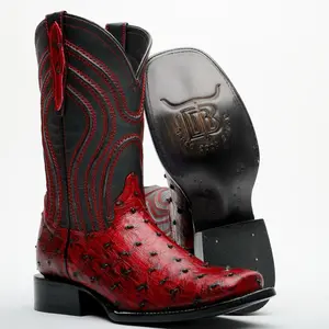 Black Cherry Ostrich Leather Boots - Square Toe