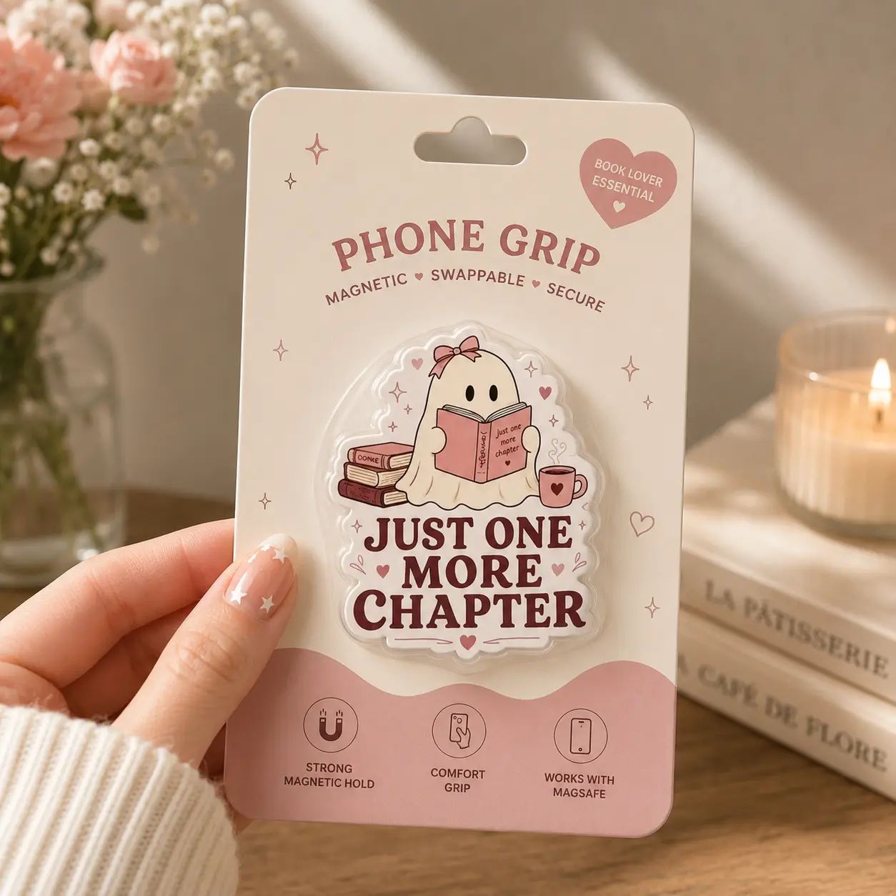 Just One More Chapter, Ghost Reader Magnetic Phone Grip, Cozy Booktok Accessory, Kindle Grip, MagSafe Phone Holder